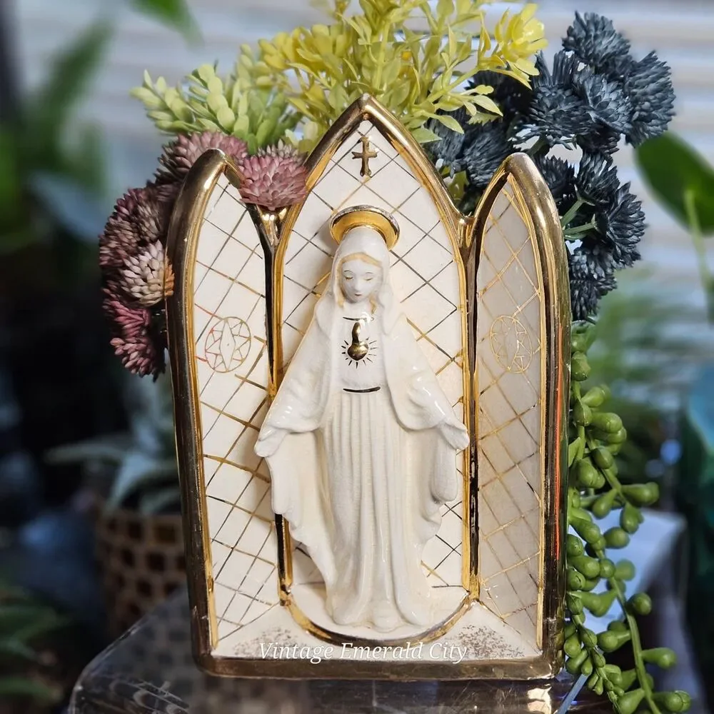 Vtg Geo Z Lefton 3D Virgin Mary Sculpture Wall Pocket Planter Ivory Gold Japan